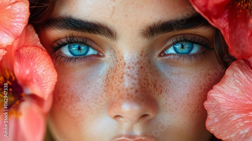 Close-up of a woman surrounded by hibiscus flowers