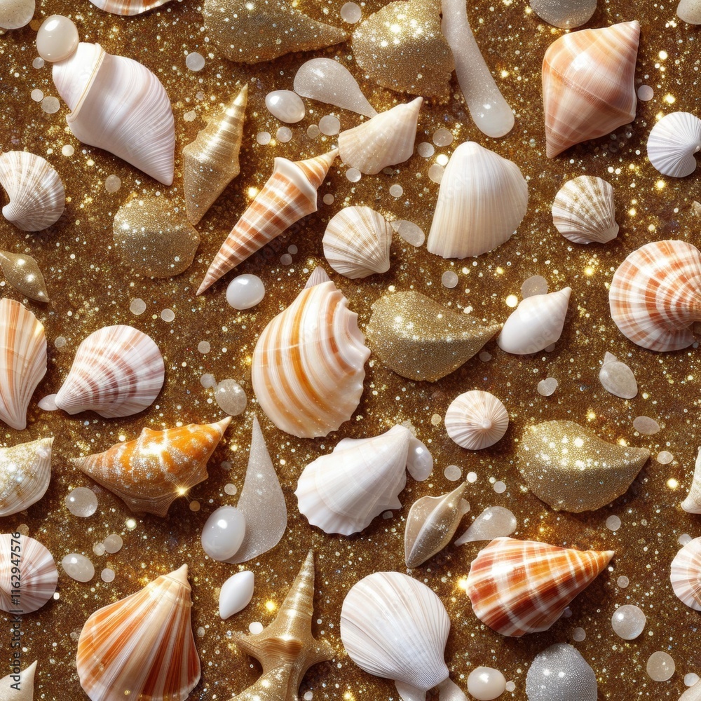 A collection of seashells some dusted with gold and silver glitter A collection of seashells some dusted with gold and silver glitter