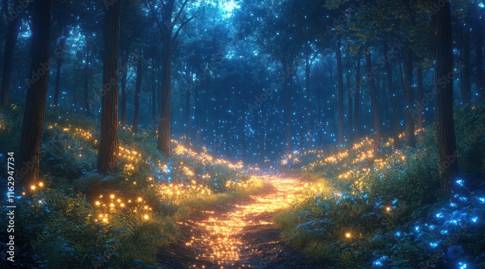 Fototapeta premium Magical forest path with glowing flowers and stream at night.