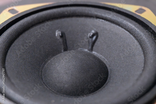 Close-Up of a Black Audio Speaker Cone with Detailed View of Surround and Dust Cap, Perfect for Sound Equipment, Music, or Technology Themes photo