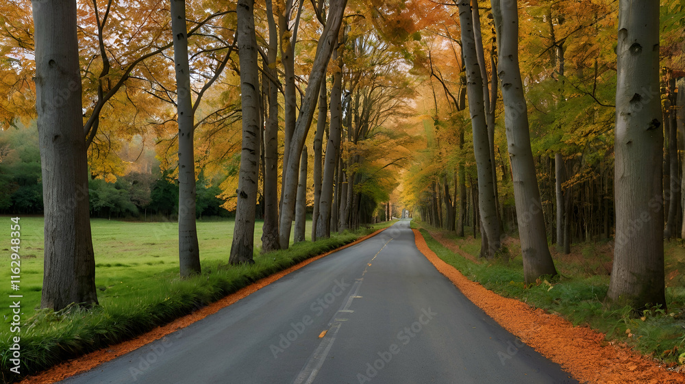 A peaceful countryside lane bordered by tall autumn trees in full seasonal colors.
A peaceful countryside lane bordered by tall autumn trees in full seasonal colors.