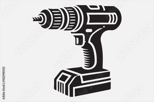 A black and white illustration of a cordless power drill.