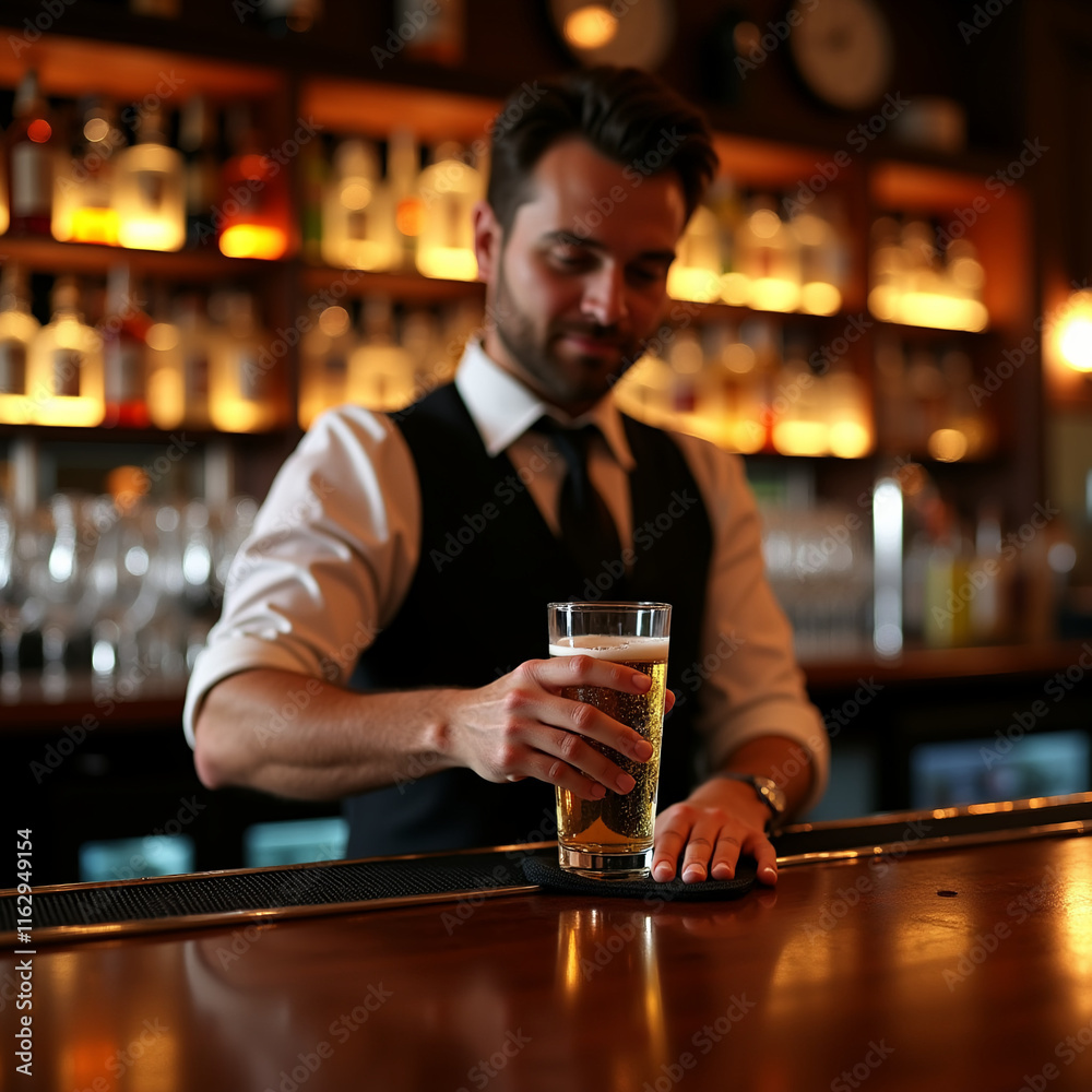 Bartender pouring beer in dimly lit bar Bartender pouring beer in dimly lit bar