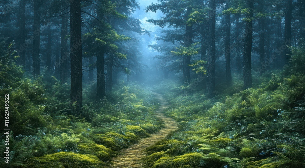 Fototapeta premium Misty forest path winding through lush greenery and tall trees.