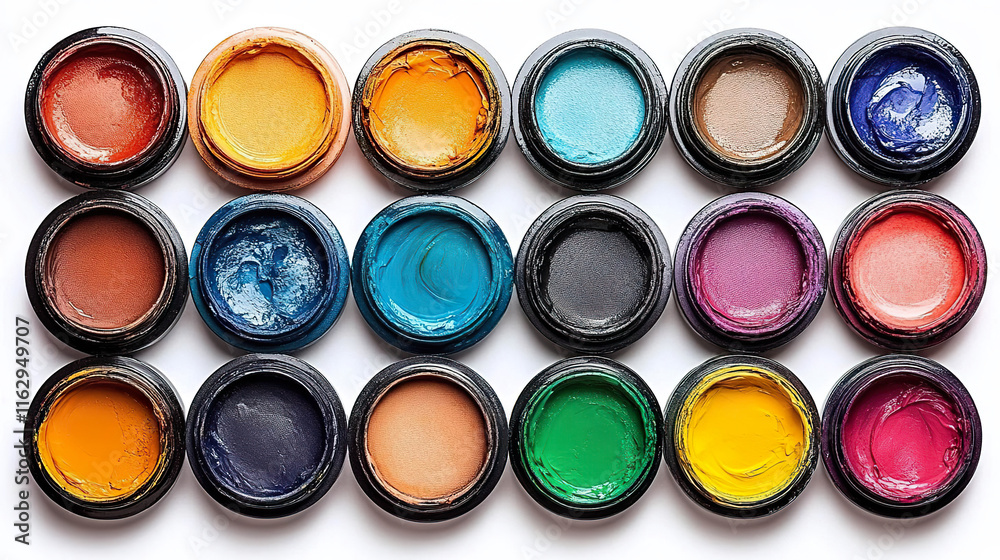 Paint containers in a multicolored palette arranged in rows, featuring vibrant colors such as red, yellow, blue, and green on a white background. Generated with AI. Paint containers in a multicolored palette arranged in rows, featuring vibrant colors such as red, yellow, blue, and green on a white background. Generated with AI.