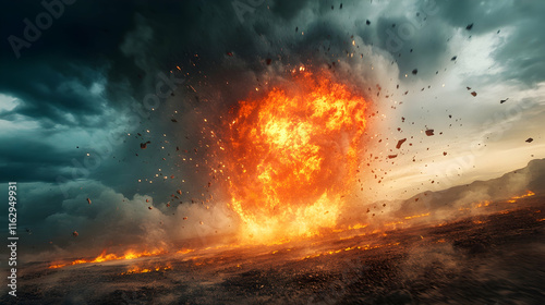A powerful explosion erupting in a desert landscape, sending fiery shrapnel and debris into the stormy sky