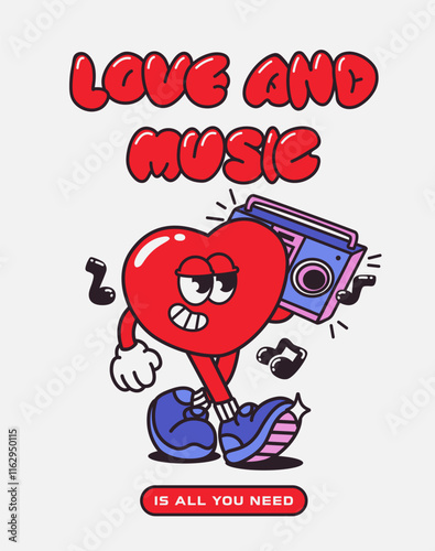 Heart shaped character in groove style. Cute art poster of playful cheeky happy heart with tape recorder in trendy retro comics style. Love concept in red. Happy Valentine's Day