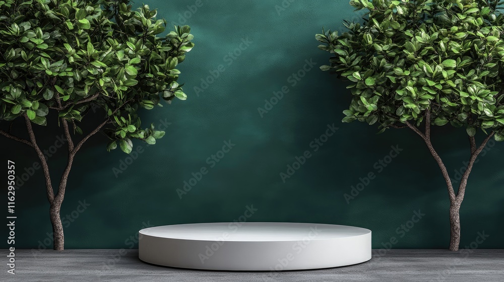 A minimalist display area with green walls and decorative trees for presentations or exhibitions. A minimalist display area with green walls and decorative trees for presentations or exhibitions.