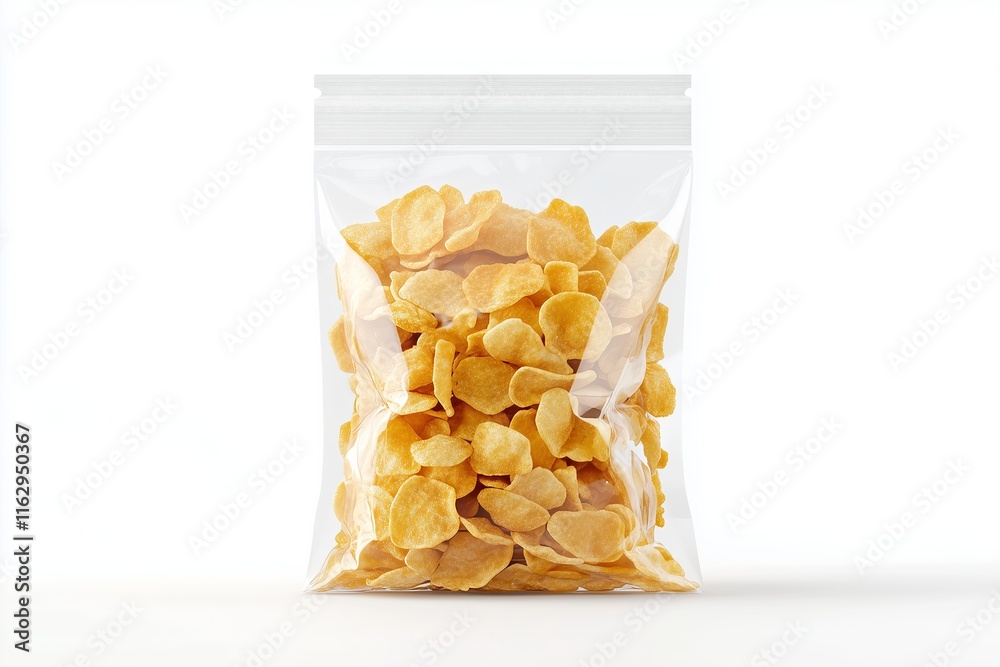 Corn flakes in transparent plastic bag isolated on white background. Packaging template mockup collection. With clipping Path included. Stand-up Front view Corn flakes in transparent plastic bag isolated on white background. Packaging template mockup collection. With clipping Path included. Stand-up Front view