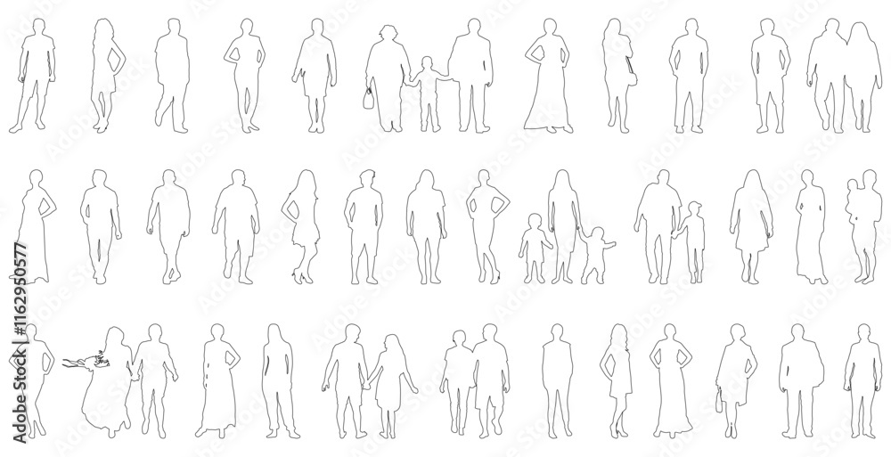 Large group of people standing in different positions, full length, contours. Vector illustration Large group of people standing in different positions, full length, contours. Vector illustration