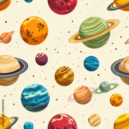Charming seamless pattern featuring adorable planets and stars in a delightful outer space design