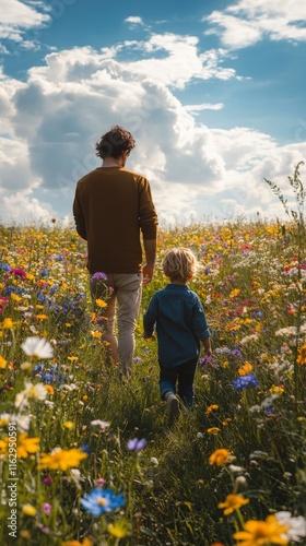 Father and child exploring a vibrant flower field on a sunny day