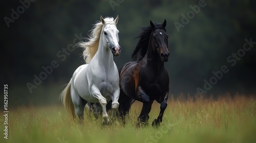 Majestic white horse and strong black horse galloping through the green grassy field at dusk