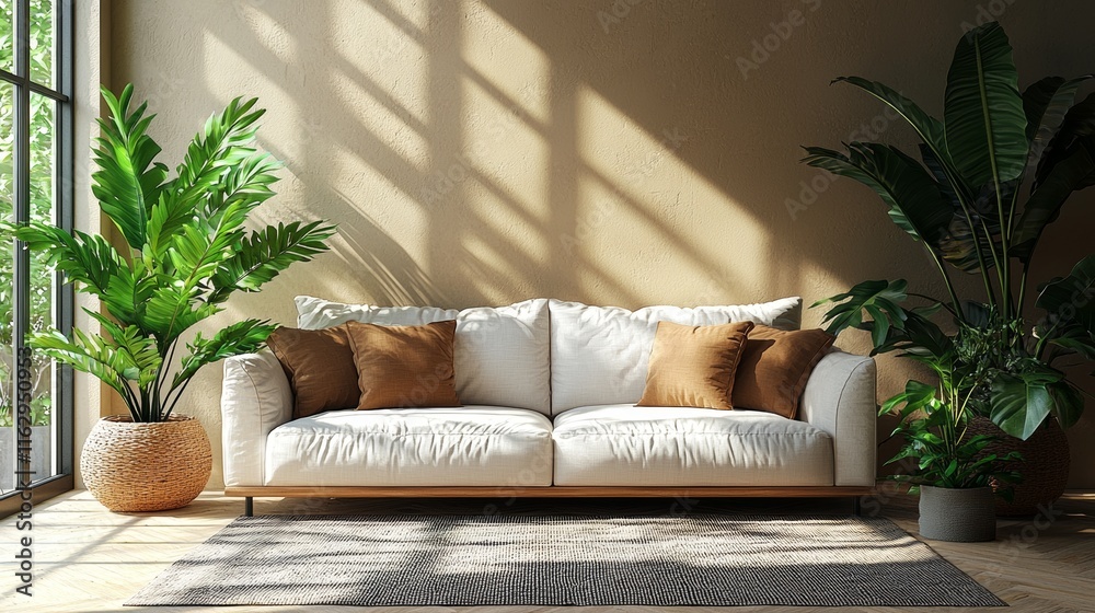 Modern living room with a cozy white sofa and green plants