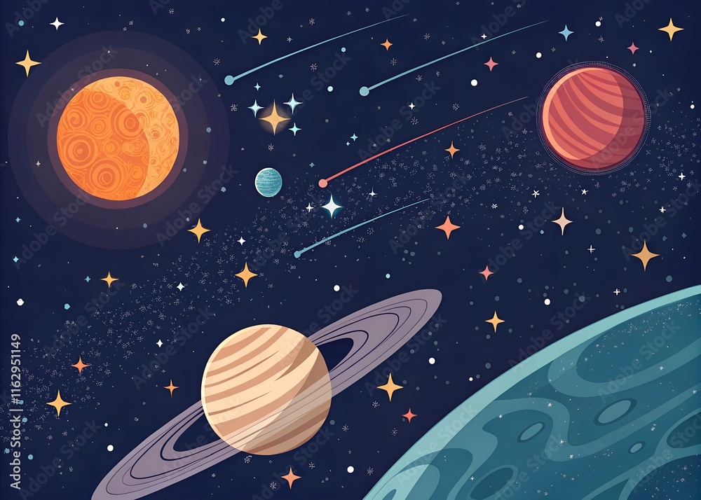 Naklejka premium Colorful cosmic illustration featuring planets, stars, and shooting comets against a dark sky, evoking a whimsical view of the galaxy