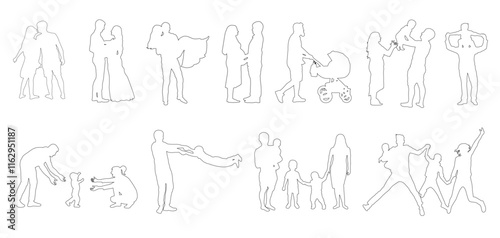 Contours of people, parents with children, wedding, birth of child, the first steps of  child, love. Vector illustration