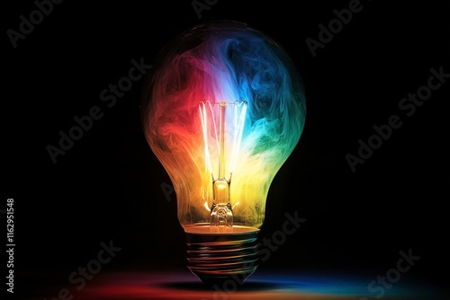 Colorful light bulb with vibrant smoke effect illuminating dark space