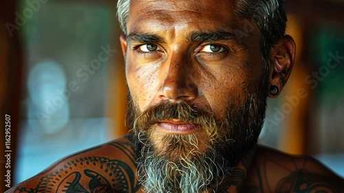 Captivating portrait of a tattooed man with striking blue eyes in a natural setting