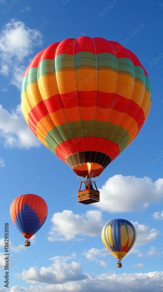 Fototapeta premium heic Squarespace designer Mental coach Wellness retreat Thumbnail Wp rocket Telegram channel Helium 10 Internxt Togetherall Colorful hot air balloons floating, vibrant red yellow blue stripes, ascend