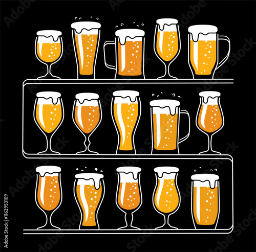 Various beer glasses with alcoholic drink on shelf in bar or pub. Vector illustration