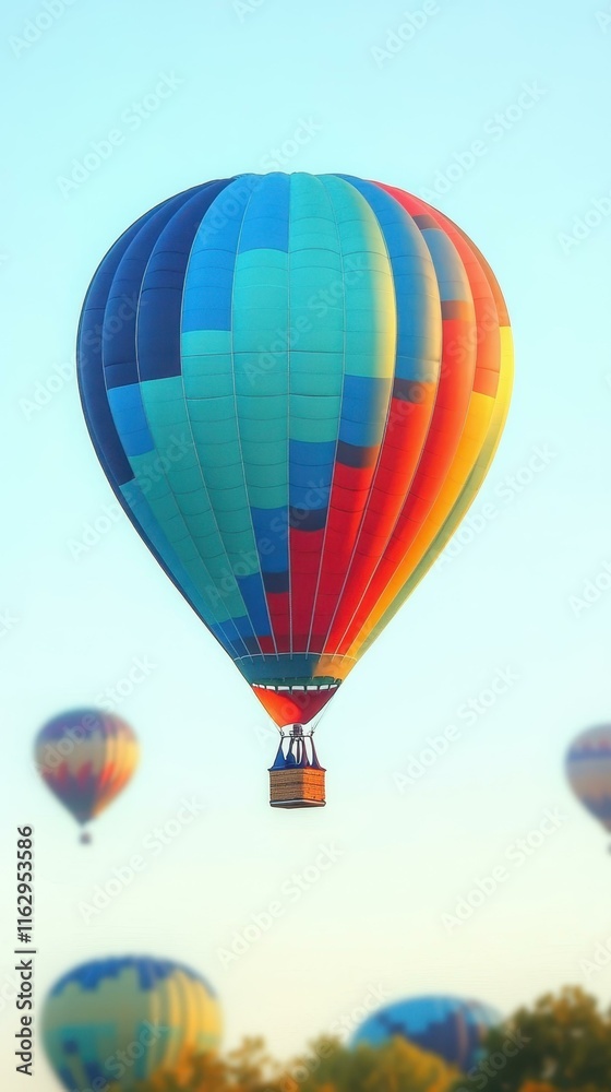 Naklejka premium heic Thumbnail Squarespace designer Avif protobuf Webp Telegram channel Dezgo Nitropack Togetherall Colorful hot air balloon floating in clear blue sky over scenic landscape, perfect for travel, adve