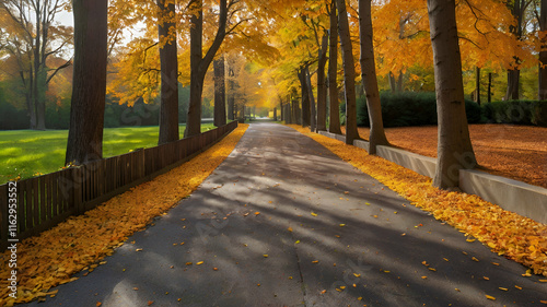 A tree-lined driveway in autumn with warm sunlight filtering through colorful leaves.

 photo