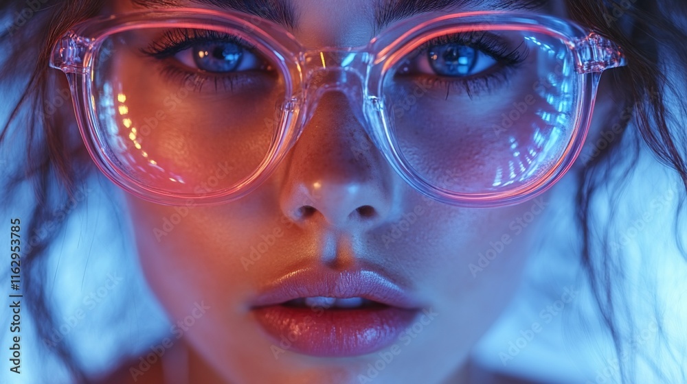 Close-up Portrait of a Woman with Neon-Lit Glasses Close-up Portrait of a Woman with Neon-Lit Glasses