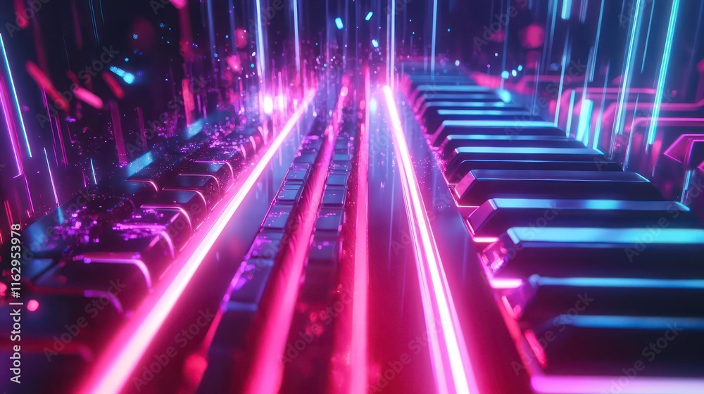 A glowing keyboard with neon-lit keys and light trails. A glowing keyboard with neon-lit keys and light trails.