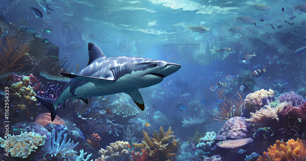 Fototapeta premium Majestic shark glides through vibrant coral reef waters in a serene underwater environment, showcasing a diverse marine ecosystem teeming with life and color