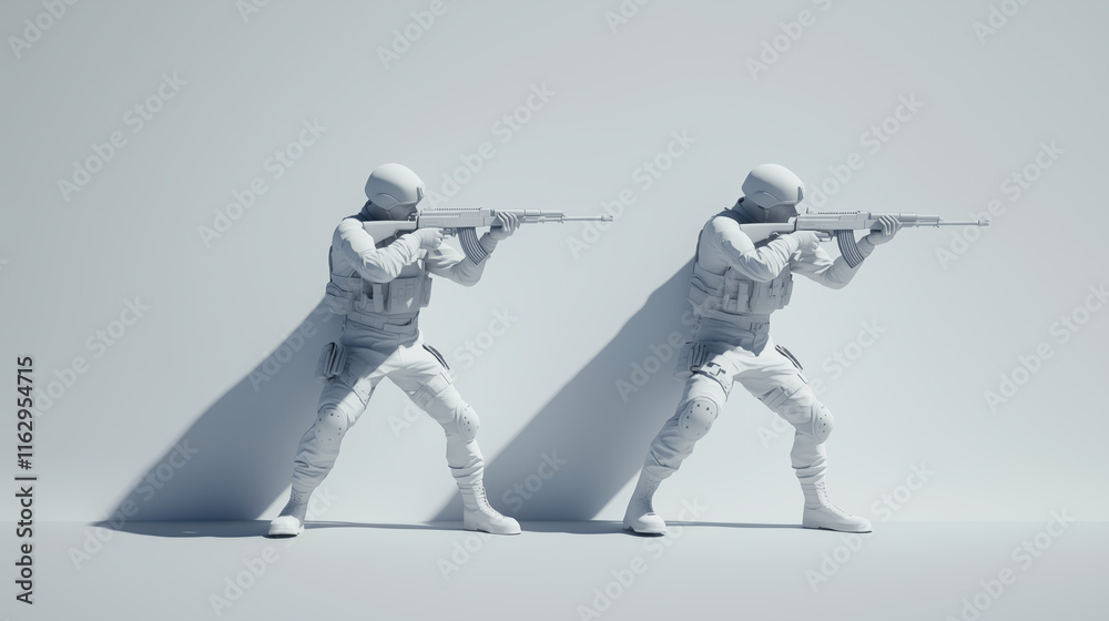 3d-rendered soldiers in synchronized tactical stance aiming rifles 3d-rendered soldiers in synchronized tactical stance aiming rifles