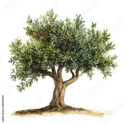 A watercolor drawing of an olive tree, isolated on a white background. Olive vector.
