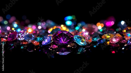 A collection of colorful gems and diamonds are displayed on a black background