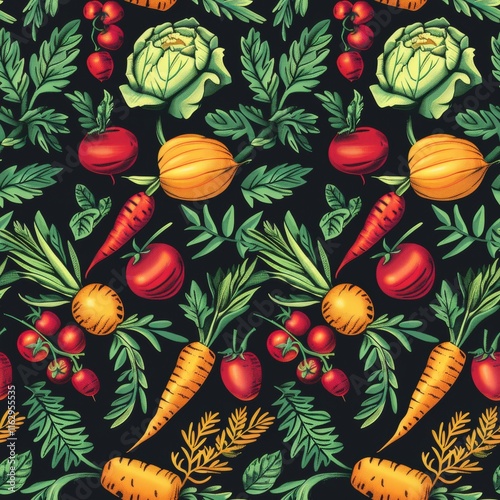 Colorful vector pattern of vegetables like carrots, cabbages, and tomatoes on dark background photo