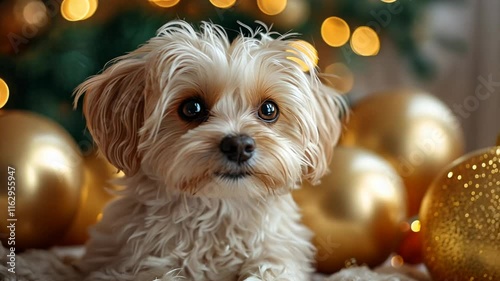 Wallpaper Mural A cute puppy is sitting in front of a Christmas tree with gold ornaments. Torontodigital.ca