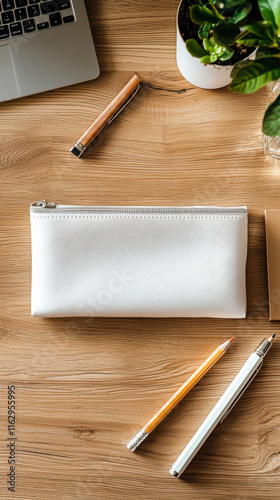 A blank pencil case mockup resting on a wooden desk, ideal for showcasing custom designs or branding, with natural lighting enhancing the texture of the wood.