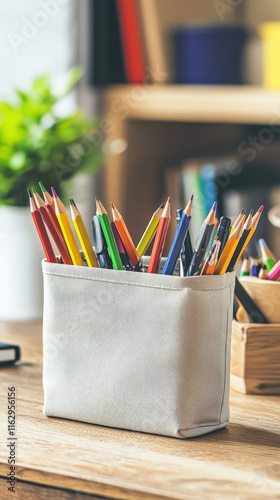 A blank pencil case mockup resting on a wooden desk, ideal for showcasing custom designs or branding, with natural lighting enhancing the texture of the wood.