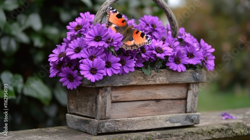 A rustic wooden basket filled with vibrant purple flowers and a butterfly perched on top, This image is perfect for nature-related topics, floral arrangements, or promotional materials for gardening,