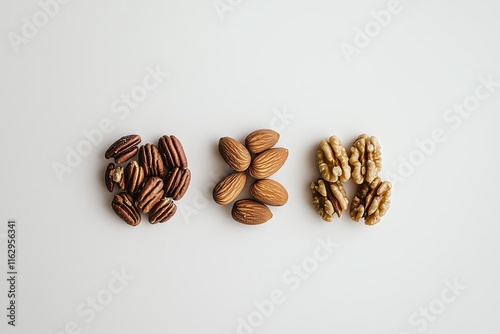 Mixed Nuts: Almonds, Walnuts, and Pecans on a white background