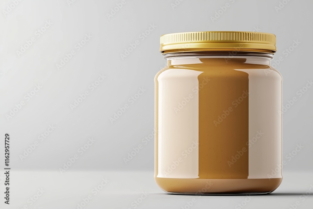 Peanut, almond, nut butter jar mockup with blank label. Closeup.
