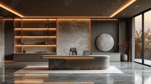 Modern office interior with elegant design and natural lighting during sunset