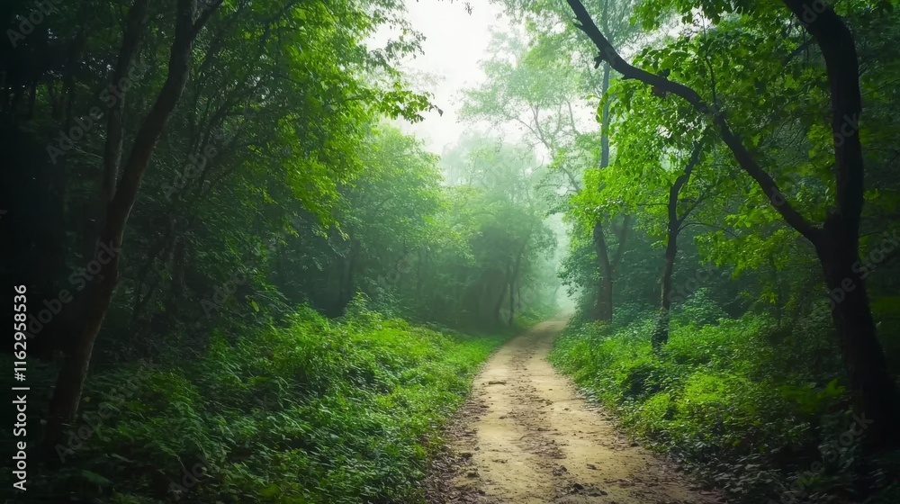 Fototapeta premium A tranquil forest path winds through dense greenery, enveloped in soft mist typical of early morning. This serene setting encourages peaceful strolls amidst nature's beauty