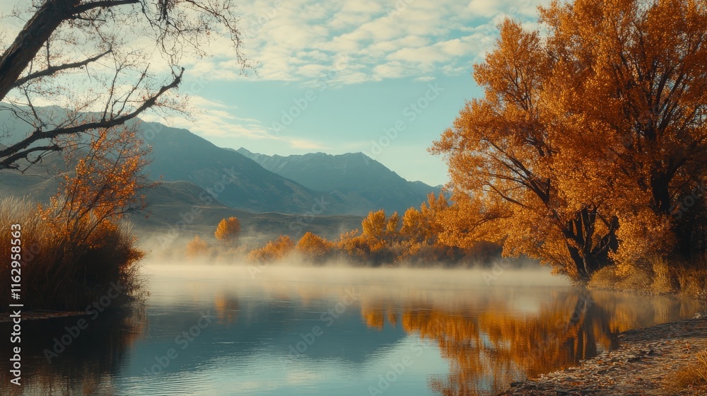 Fototapeta premium Golden autumn trees frame a tranquil river that mirrors the vibrant foliage. Mist hovers over the water as mountains rise in the distance, creating a serene early morning atmosphere