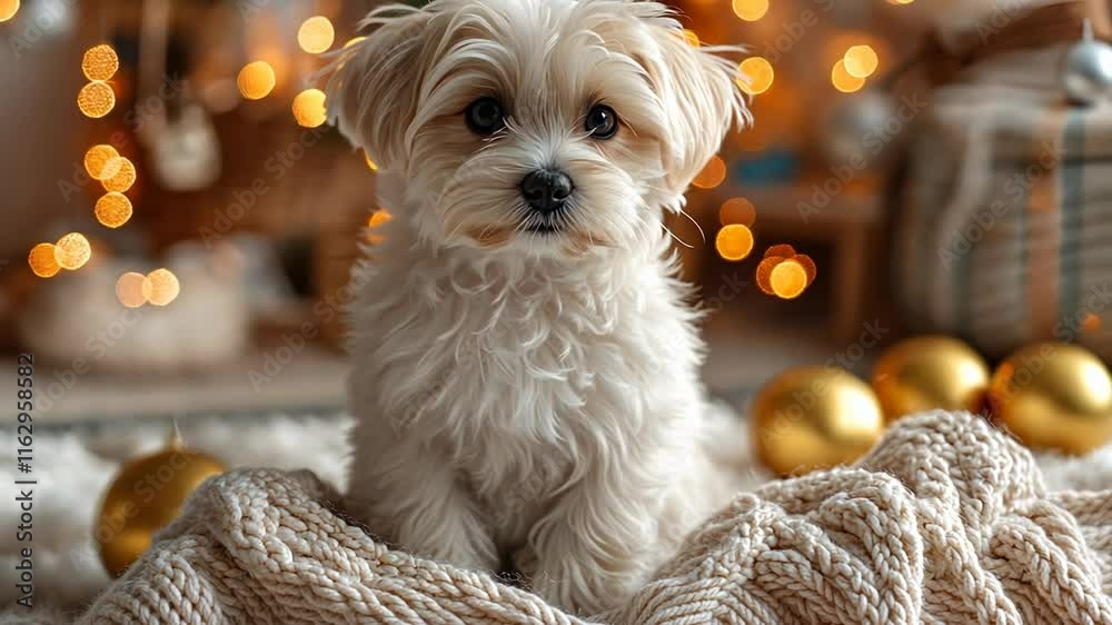 A cute white puppy sits in front of a Christmas tree with golden lights.