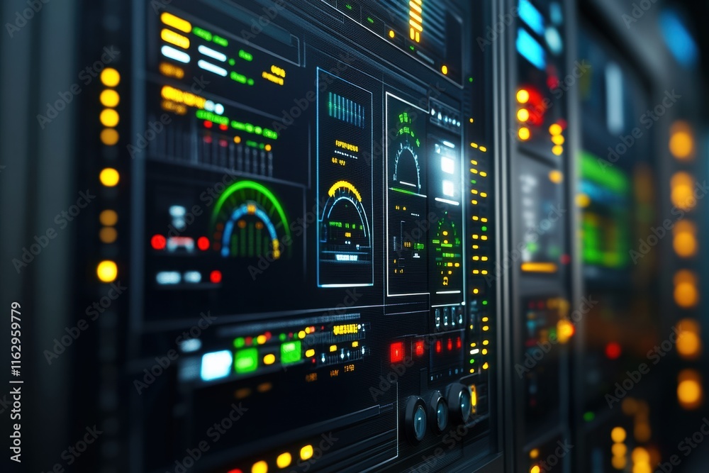 Futuristic data server room with glowing control panels and modern interfaces, technology ambiance concept Futuristic data server room with glowing control panels and modern interfaces, technology ambiance concept