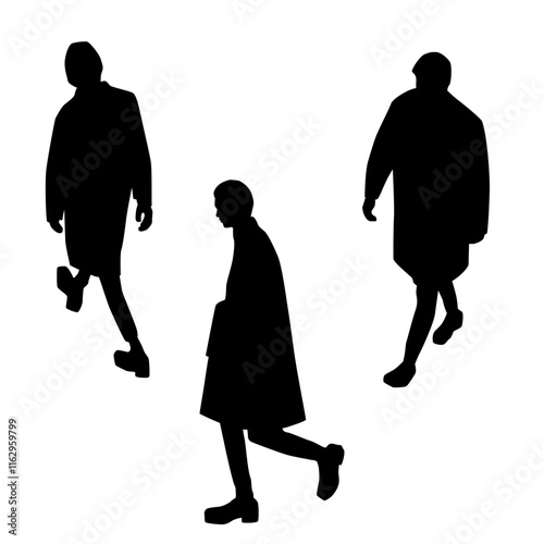 Group of three walking people in coats, silhouettes, vector, profile, various poses, black color, isolated on a white background