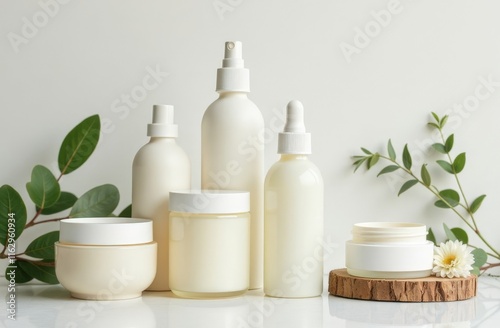 Mock up for manufacturers and sellers of skin care cosmetics. Jars and tubes white without labels of different shapes and sizes on a light white neutral background. Freshness, natural ingredients and photo