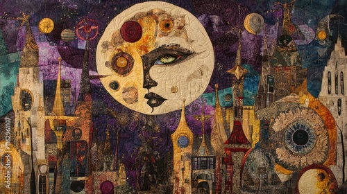 Surreal Cityscape Moon Woman Art Quilt Textile photo