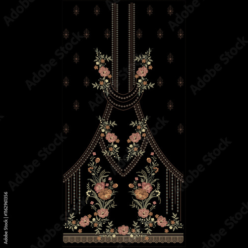 A over asian embroidery neckline and border lace design with floral motifs leafs leaves trendy mughal ornaments. photo
