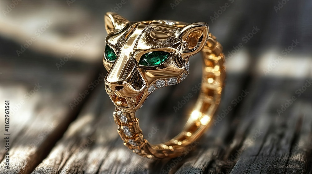 Stylish Gold Animal Head Ring With Emerald Eyes and Diamond Accents in Elegant Design Stylish Gold Animal Head Ring With Emerald Eyes and Diamond Accents in Elegant Design