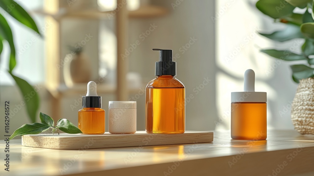 Natural skincare products displayed on a sunlit table surrounded by green plants Natural skincare products displayed on a sunlit table surrounded by green plants